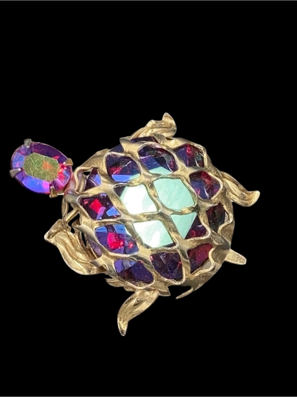 Signed Warner Red AB Rhinestone Turtle Brooch